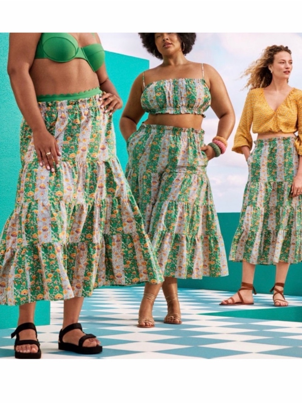 RHODE Green Floral stretch crop top with Yellow Accents